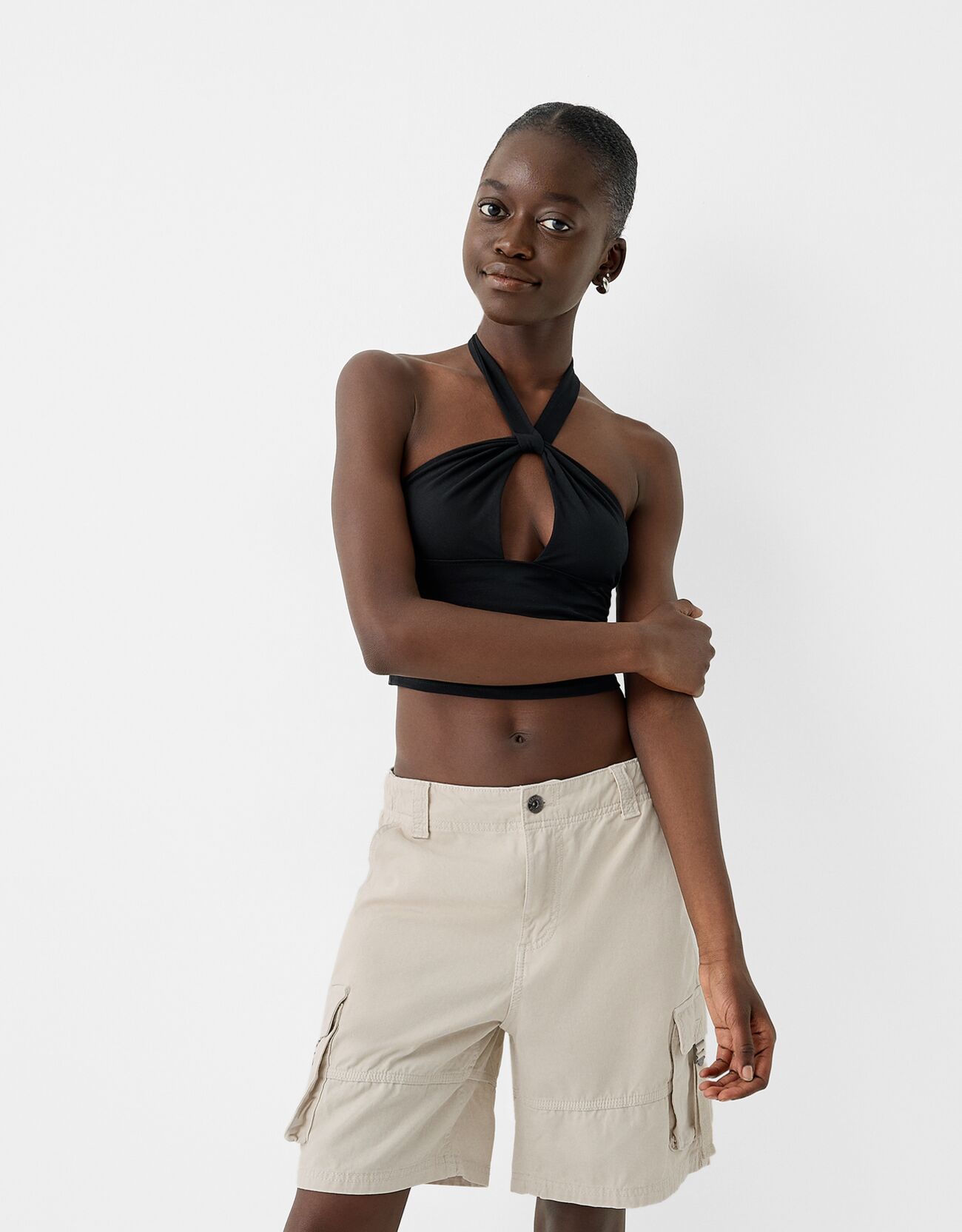 Bershka Cargo-Bermudas Mit Bändern Damen L Rohweiß