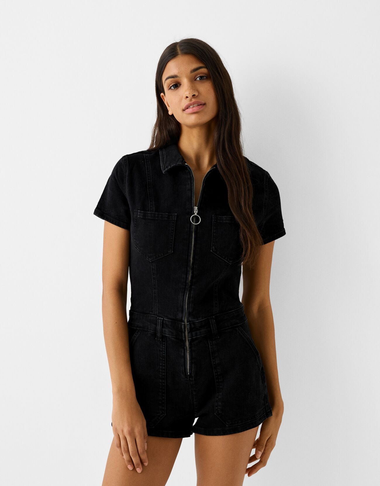 Bershka Tuta Intera Denim Corta Donna Xs Nero