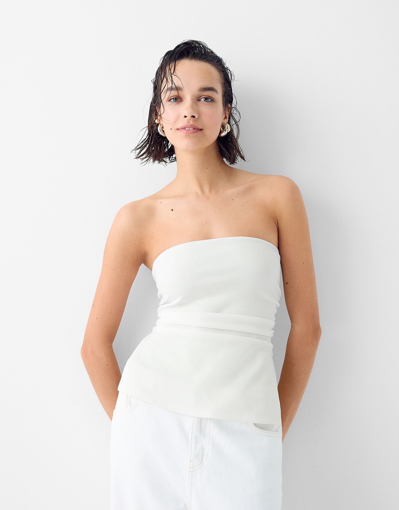 Bershka Bandeau-Top Aus Punto-Di-Roma Mit Raffung Damen L Grbrochenes Weiss