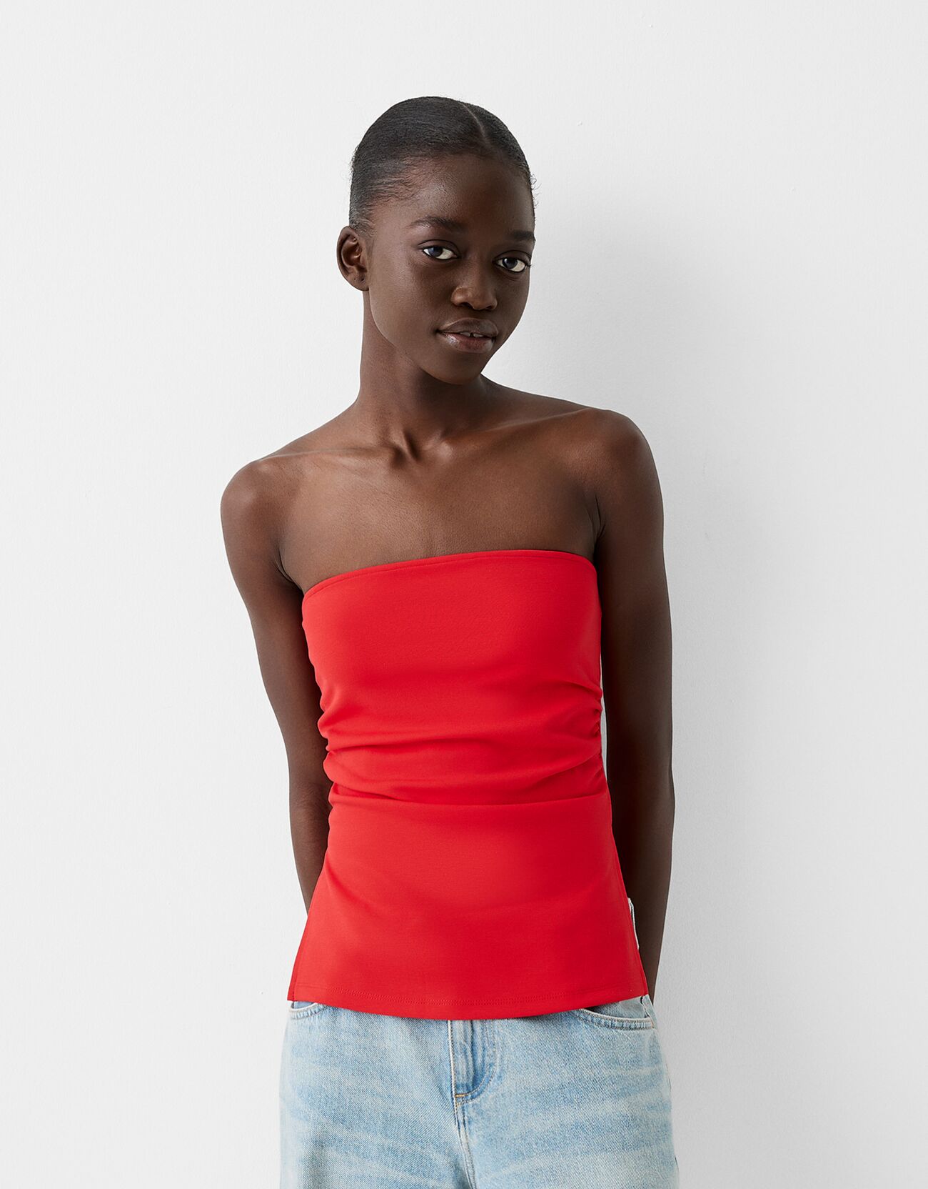 Bershka Bandeau-Top Aus Punto-Di-Roma Mit Raffung Damen S Rot