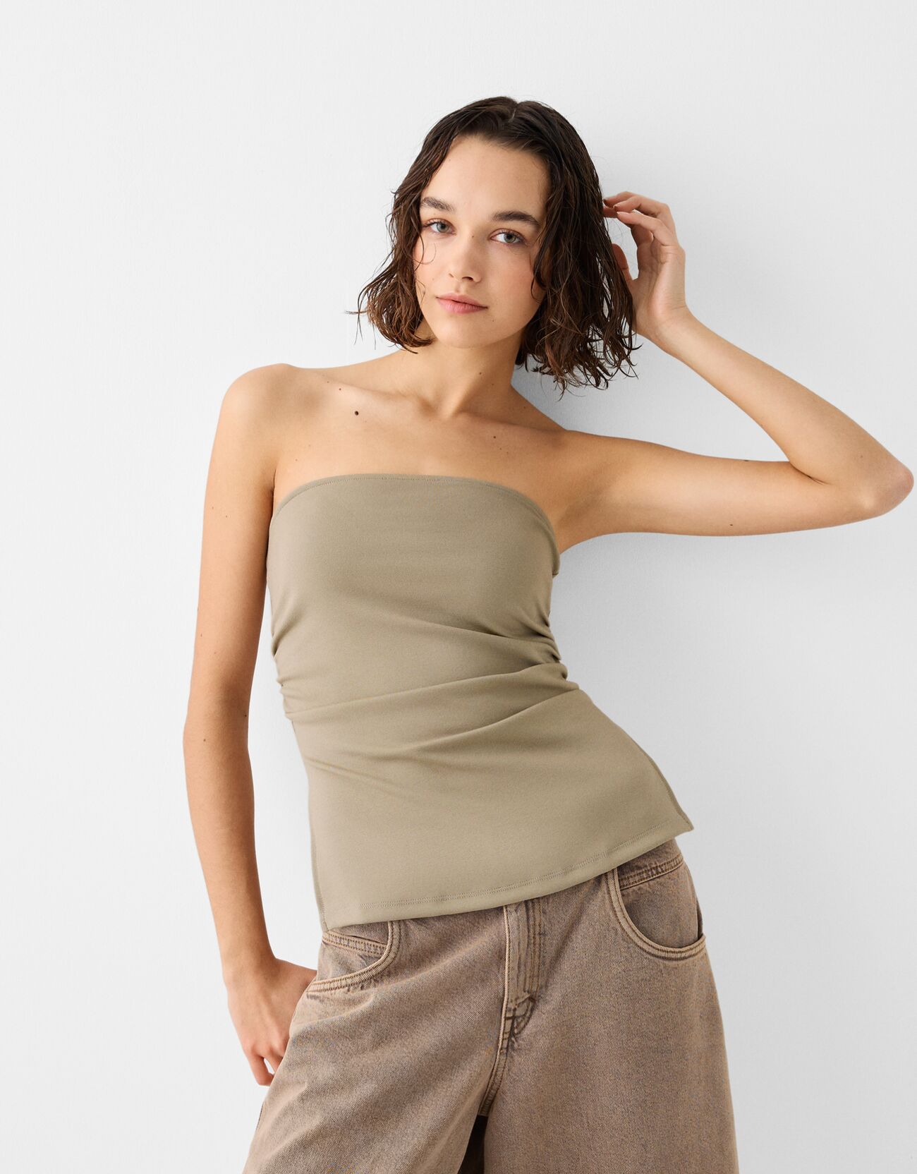 Bershka Bandeau-Top Aus Punto-Di-Roma Mit Raffung Damen Xs Sandfarbe günstig online kaufen