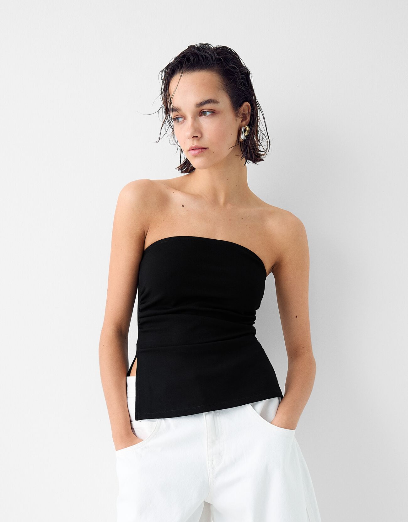 Bershka Bandeau-Top Aus Punto-Di-Roma Mit Raffung Damen Xs Schwarz günstig online kaufen