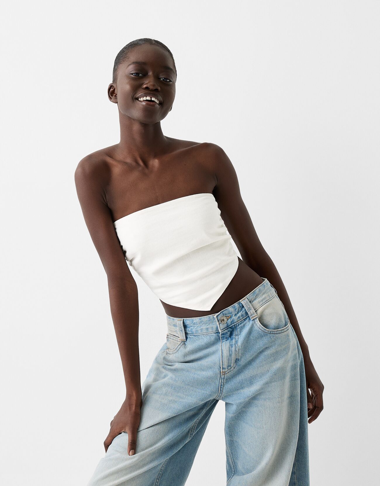 Bershka Top Im Halstuch-Stil Mit Leinen Damen L Grbrochenes Weiss