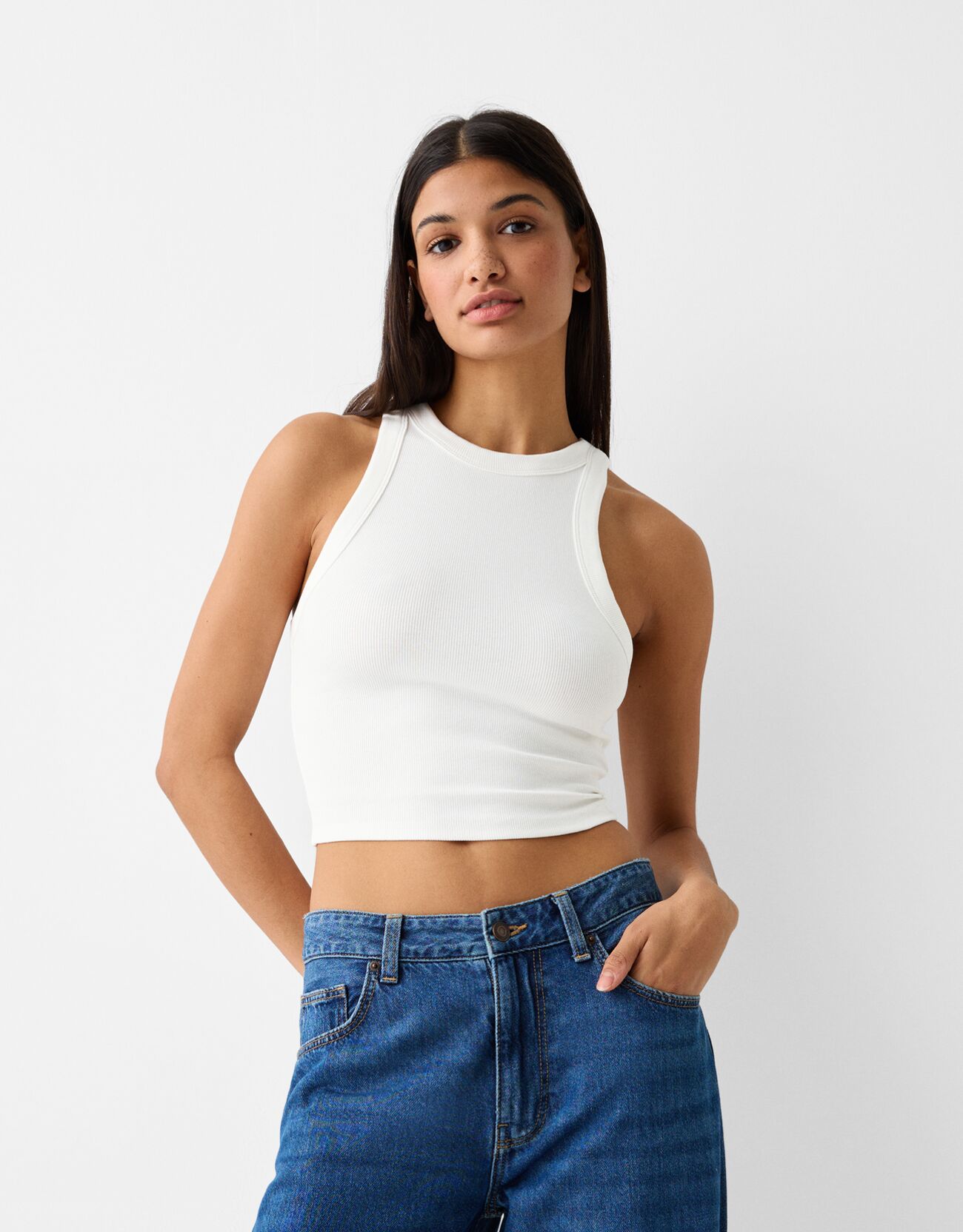 Bershka Ärmelloses Shirt Mit Patentmuster Damen S Grbrochenes Weiss