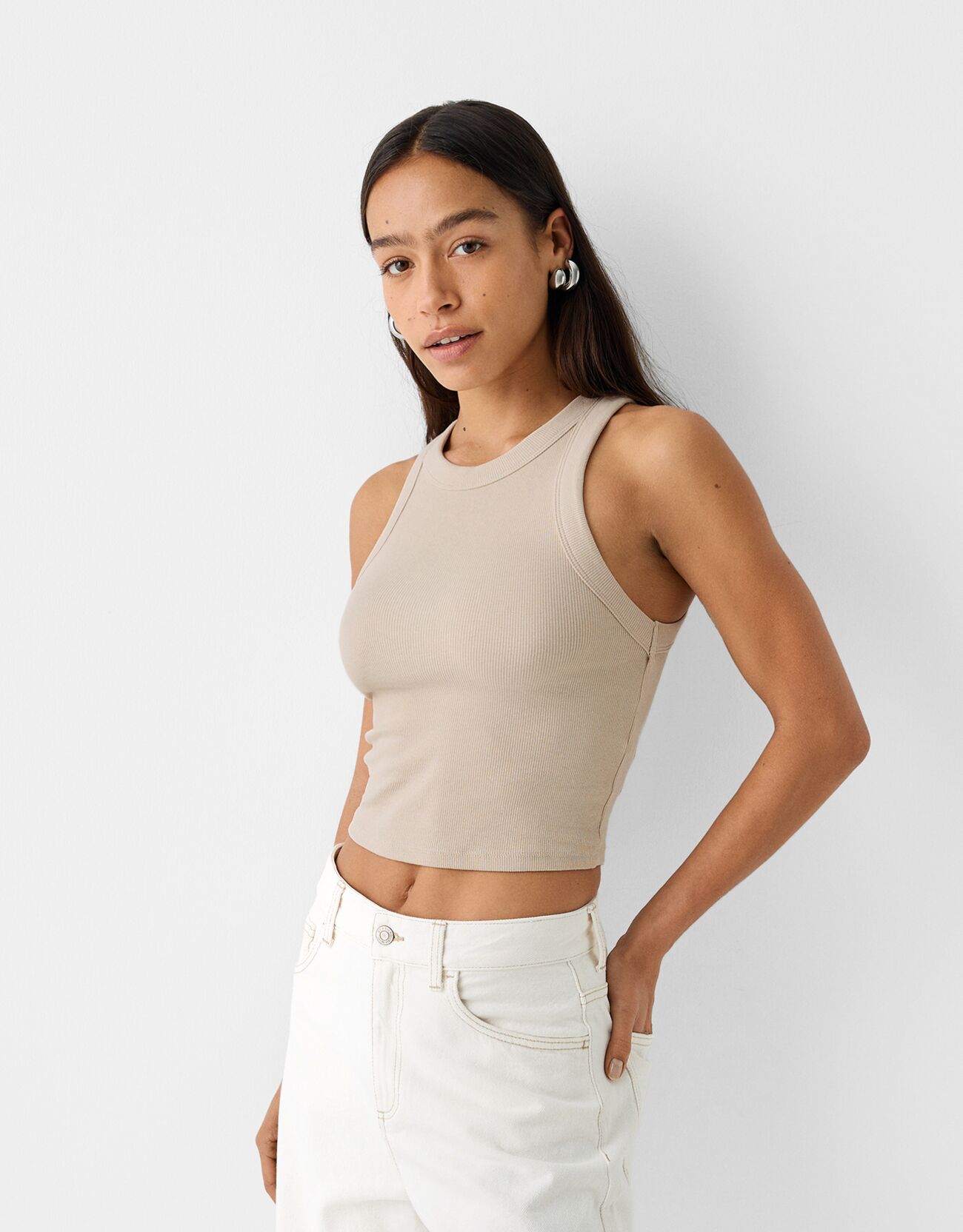 Bershka Ärmelloses Shirt Mit Patentmuster Damen S Sandfarbe