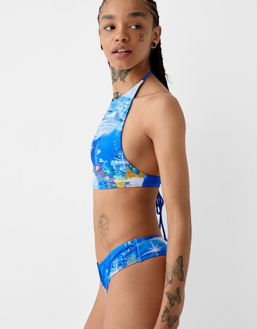 SSSTUFFF x BERSHKA print bikini bottoms-Blue-3