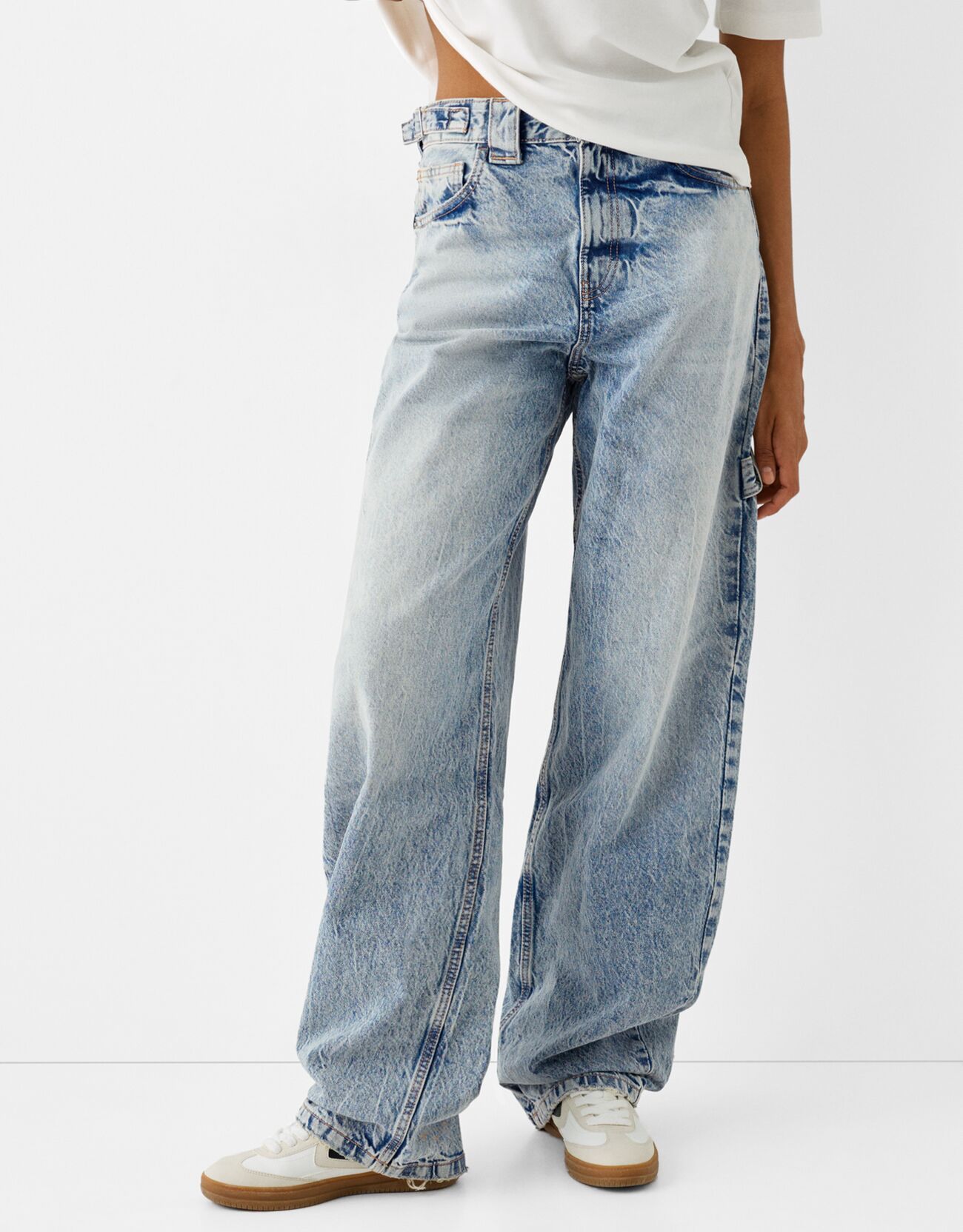 Bershka Jeans Baggy Carpenter Donna 36 (Eu 32) Azzurro Lavato