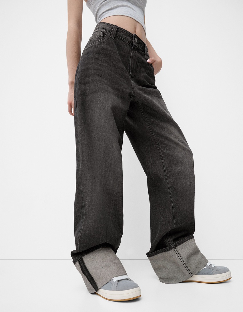 Jeans 90's wide leg com dobra na parte inferior-Preto-3