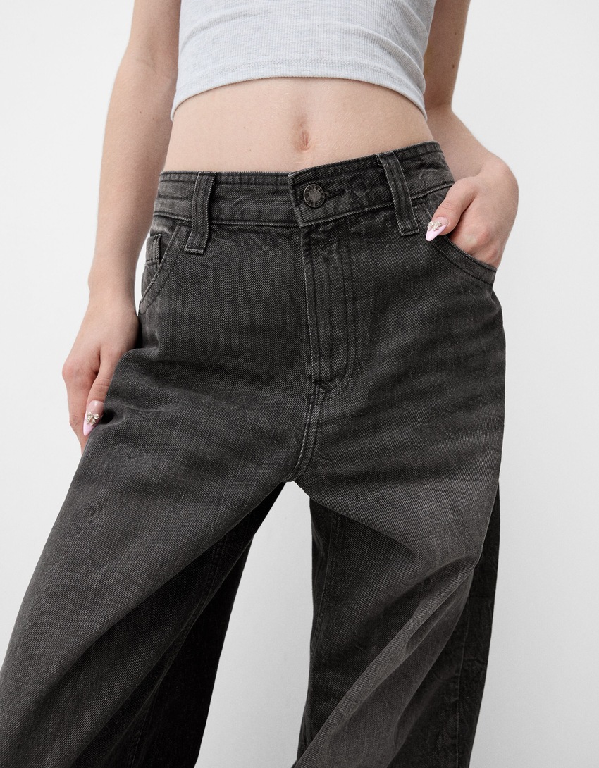 Jeans 90's wide leg com dobra na parte inferior-Preto-4