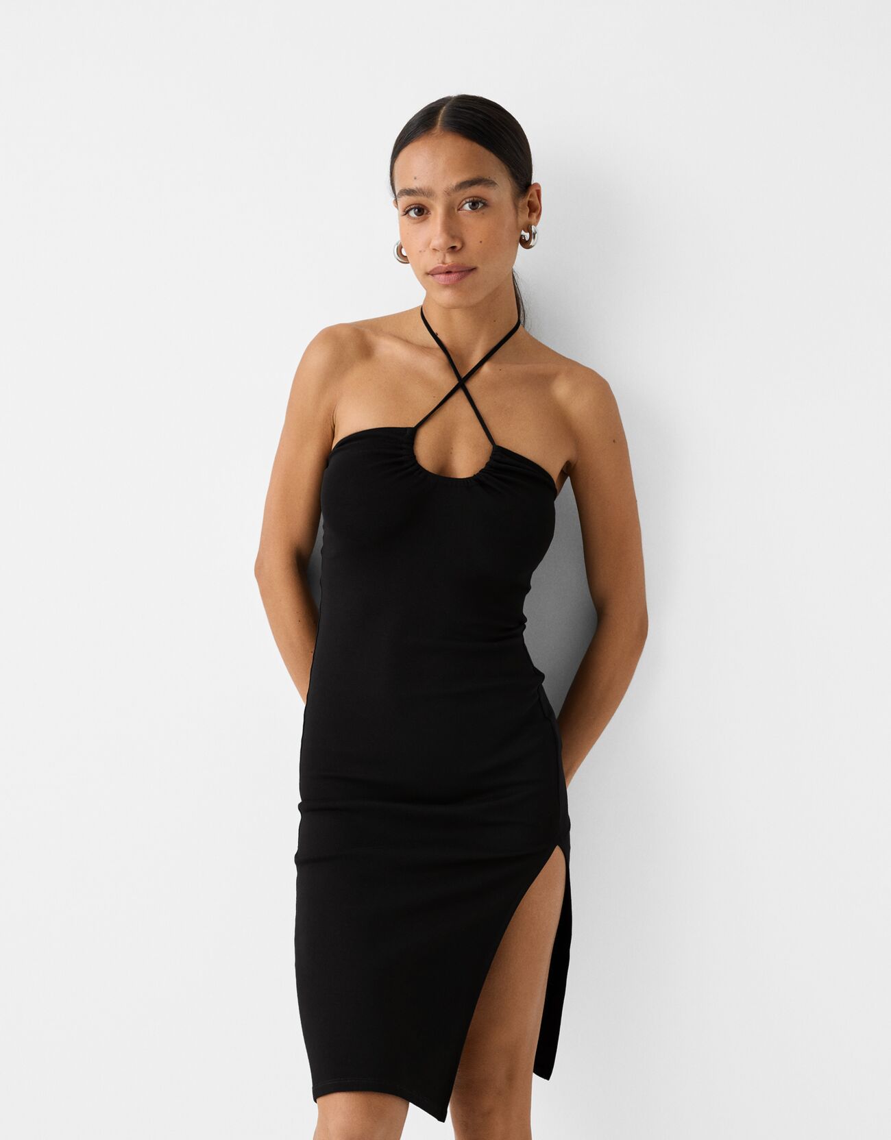 Bershka Midikleid Mit Schlitz Und Raffung Damen Schwarz