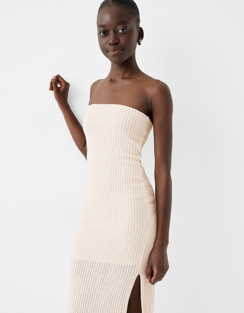 Rustic sequinned bandeau midi dress-Beige-3