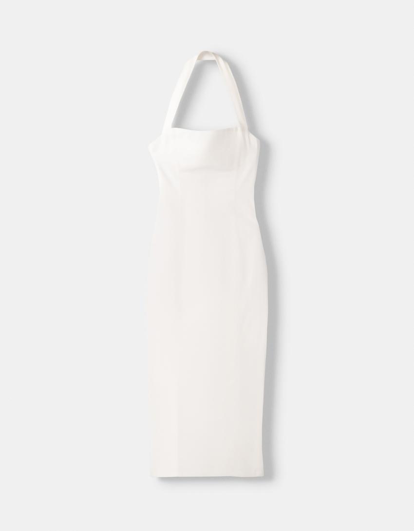 فستان تويل متوسط الطول برقبة هالتر-كريمي-4