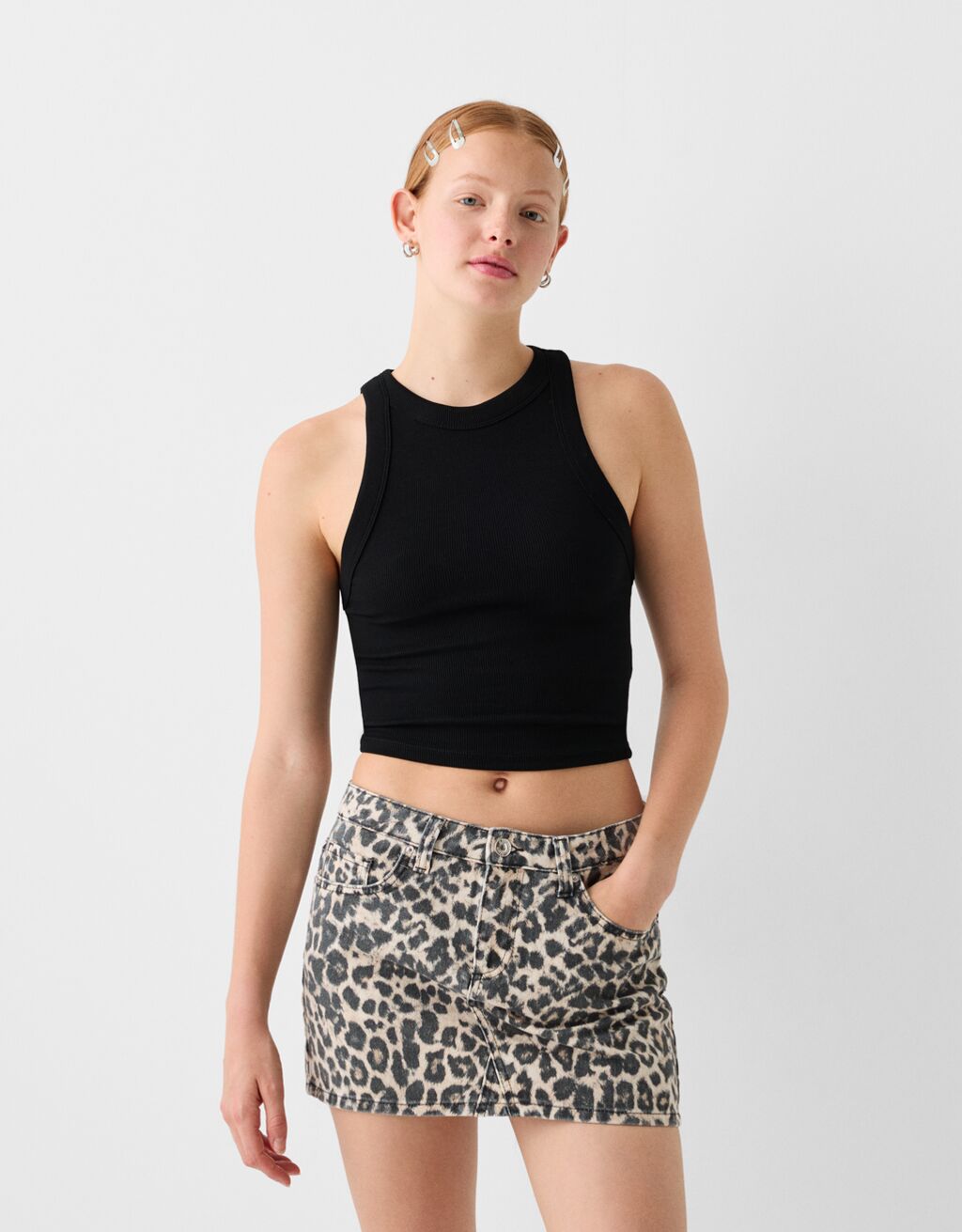 Falda denim mini animal print-Beige-0