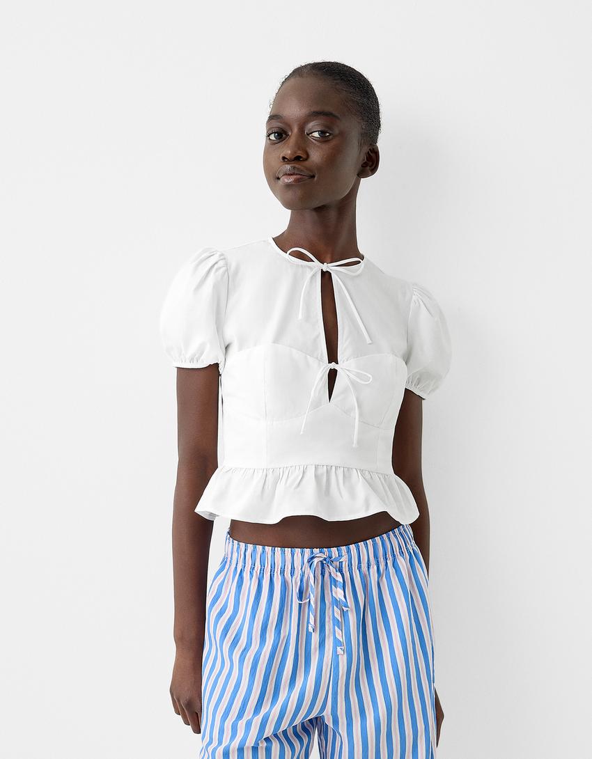 Short sleeve poplin shirt with tie at the front-Off white-0
