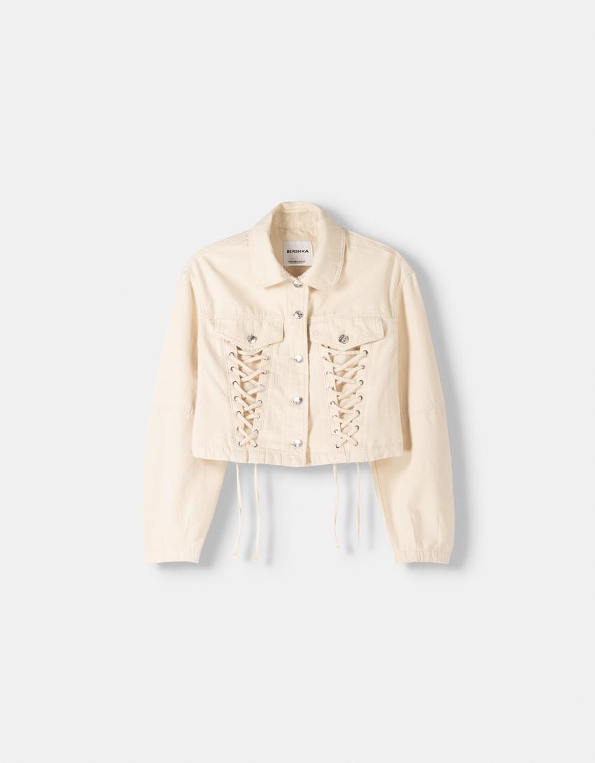 Casaco de algodão com lace up-Bege-4