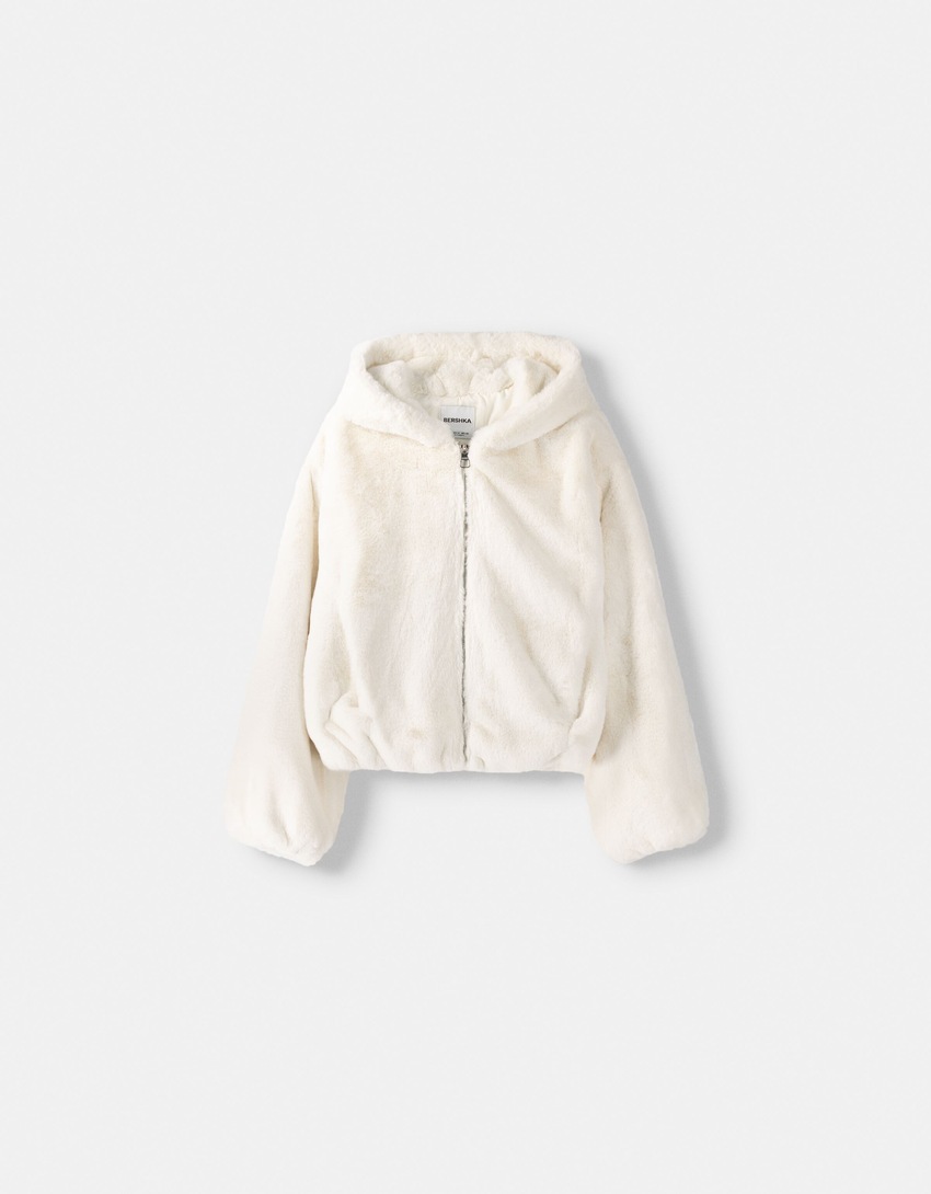 Fuzzy jacket with hood-Off white-4