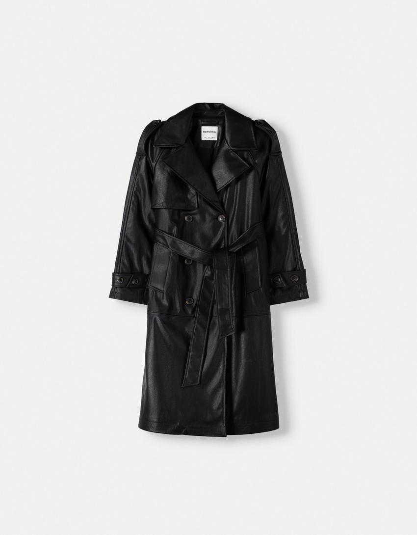 Abrigo trench efecto piel-Negro-5