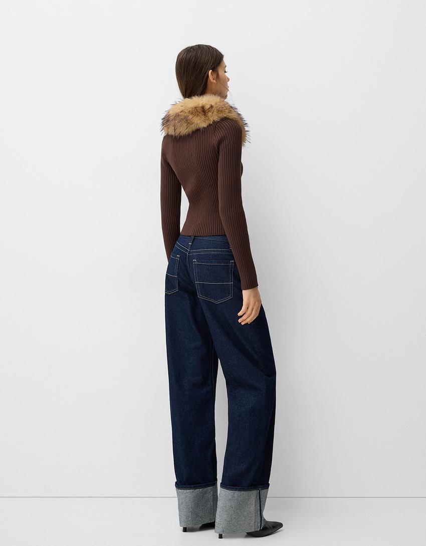 Gilet maille col fausse fourrure-Marron-2