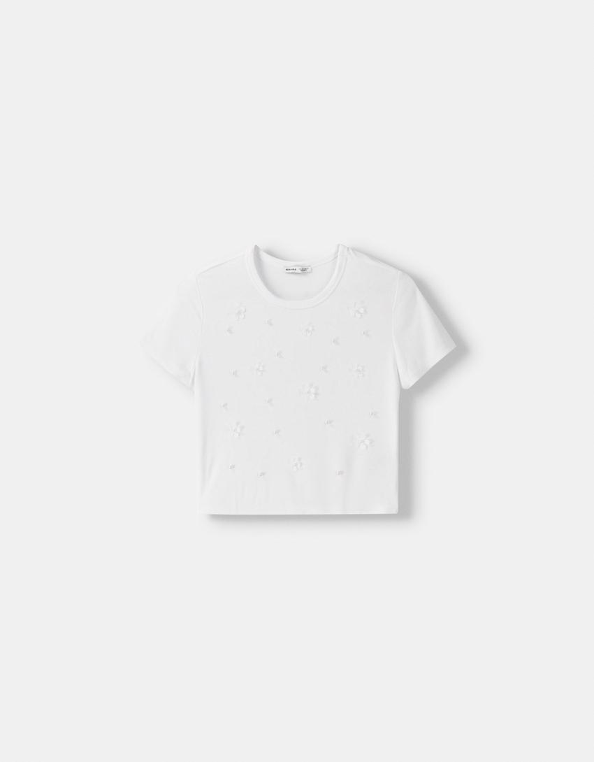 T-shirt manches courtes cropped détail-Écru-4