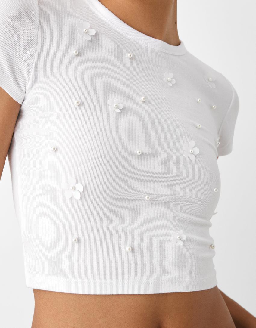 T-shirt manches courtes cropped détail-Écru-5