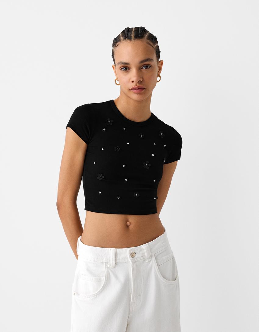 Cropped short sleeve T-shirt with detail-Black-0