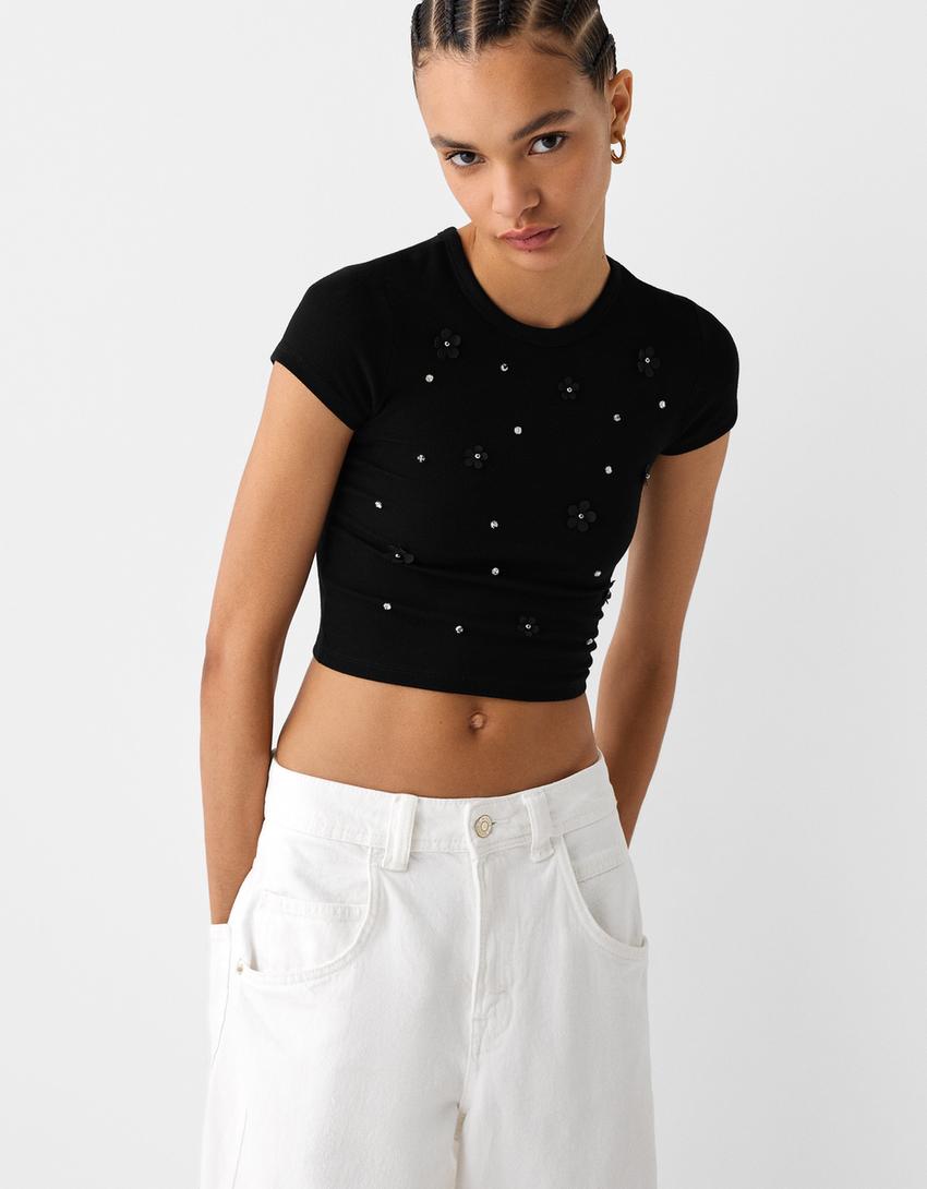 Cropped short sleeve T-shirt with detail-Black-2