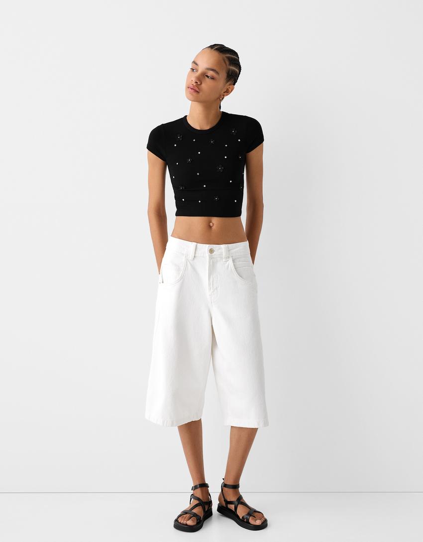 Cropped short sleeve T-shirt with detail-Black-3