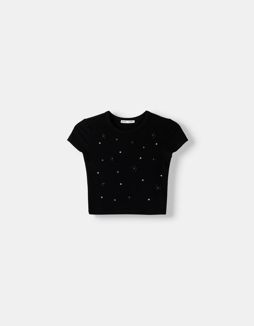Cropped short sleeve T-shirt with detail-Black-4