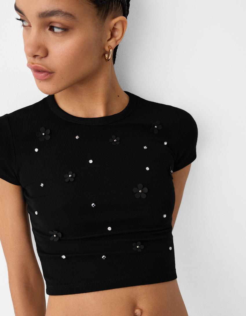 Cropped short sleeve T-shirt with detail-Black-5