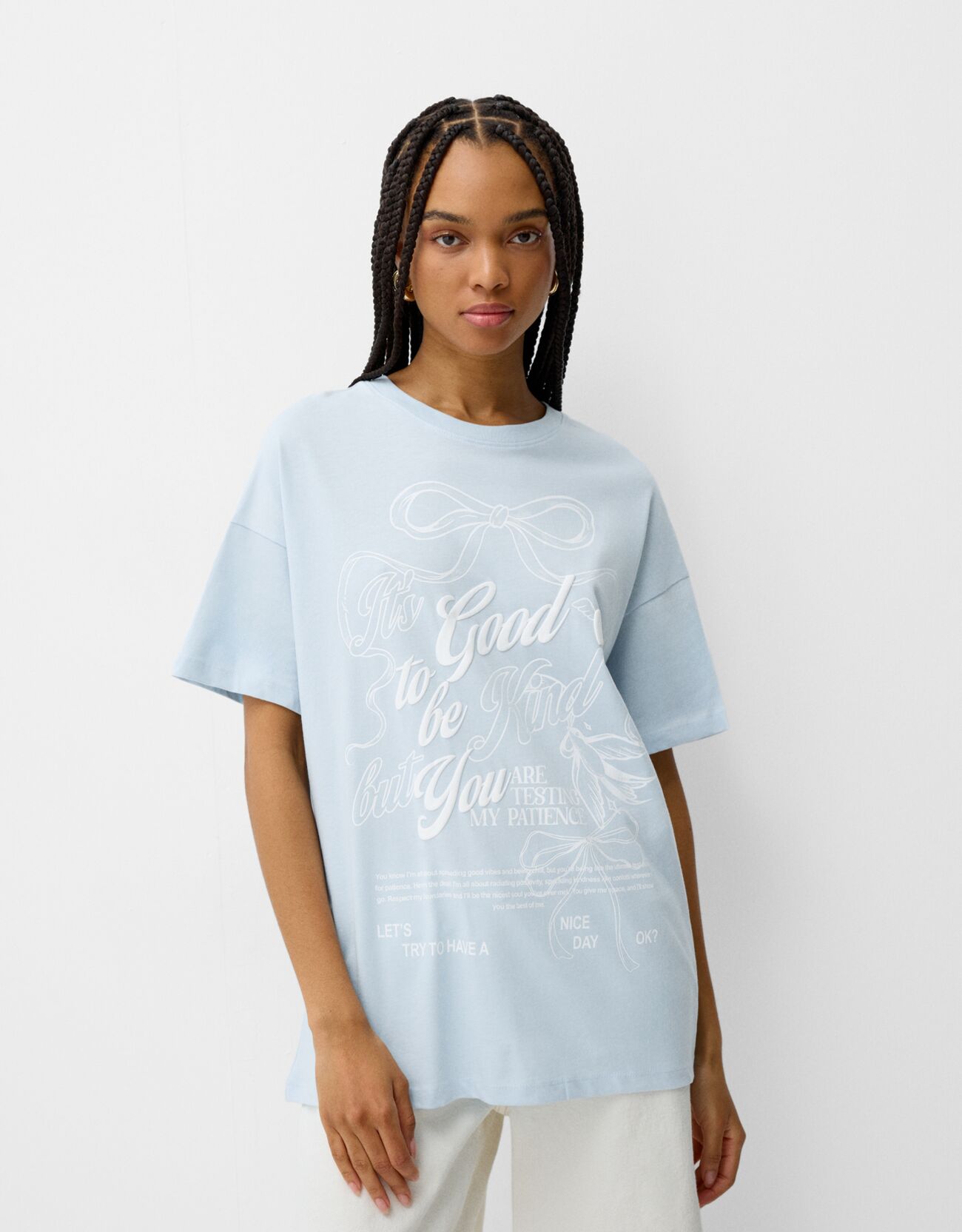 Bershka T-Shirt Oversize Print Damen L Hellblau