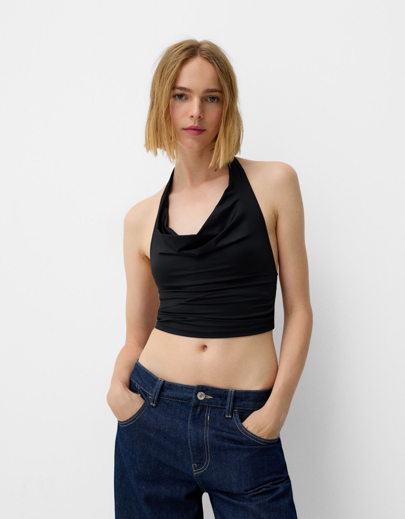 Bershka Top Halter Drapeado Mujer Xs Negro