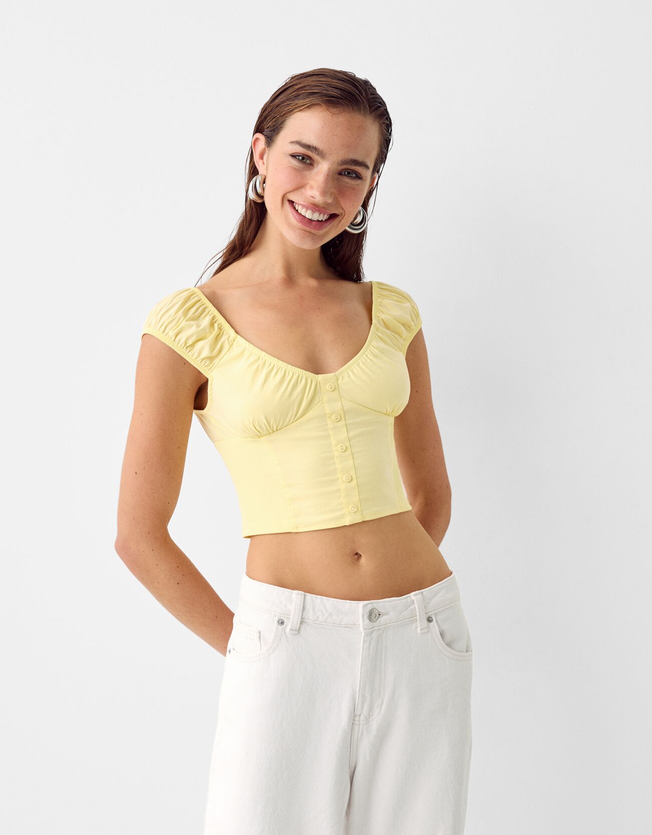 Bershka Cropped-Hemd Mit Knöpfen Damen S Gelb