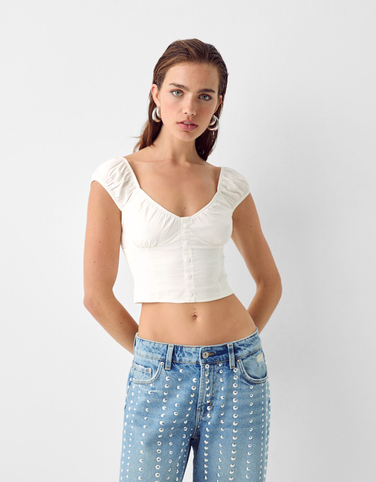 Bershka Cropped-Hemd Mit Knöpfen Damen S Rohweiß