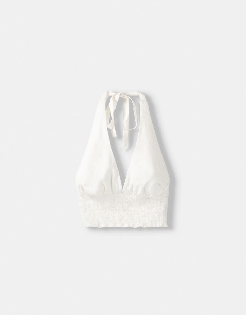 Keten karışımlı halter yaka crop top-Kirli beyaz-5