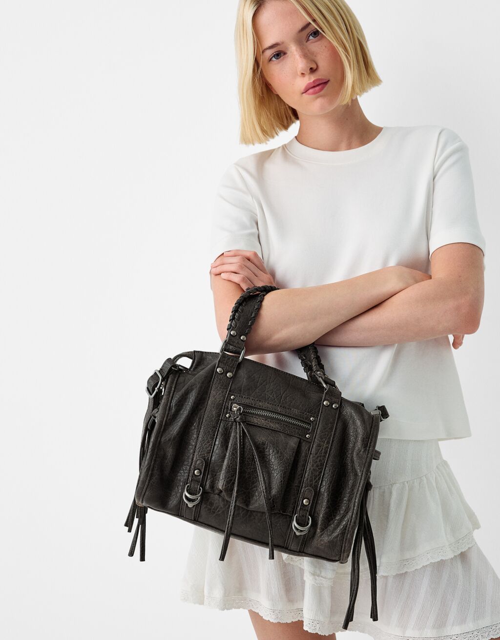 Bolso bowling efecto gastado tiras-Negro-3