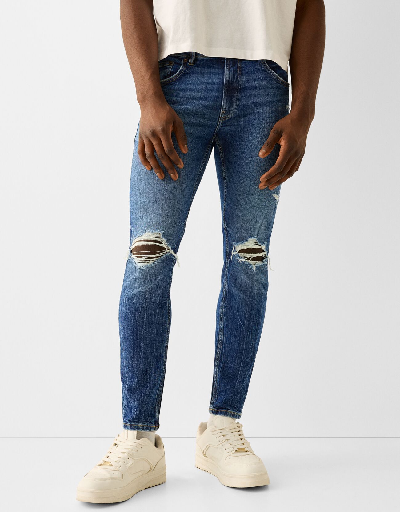 Bershka Jeans Skinny Strappi Uomo 40 (Eu 34) Azzurro