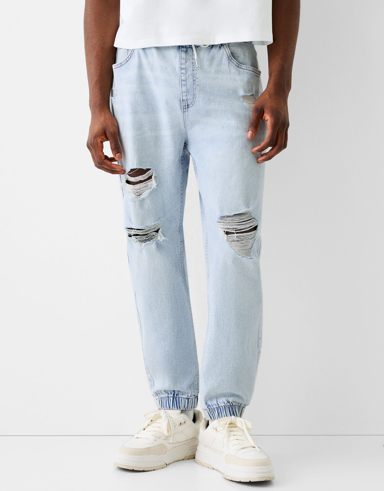 Bershka Jeans Jogger Strappi Uomo Xxs Azzurro Chiaro