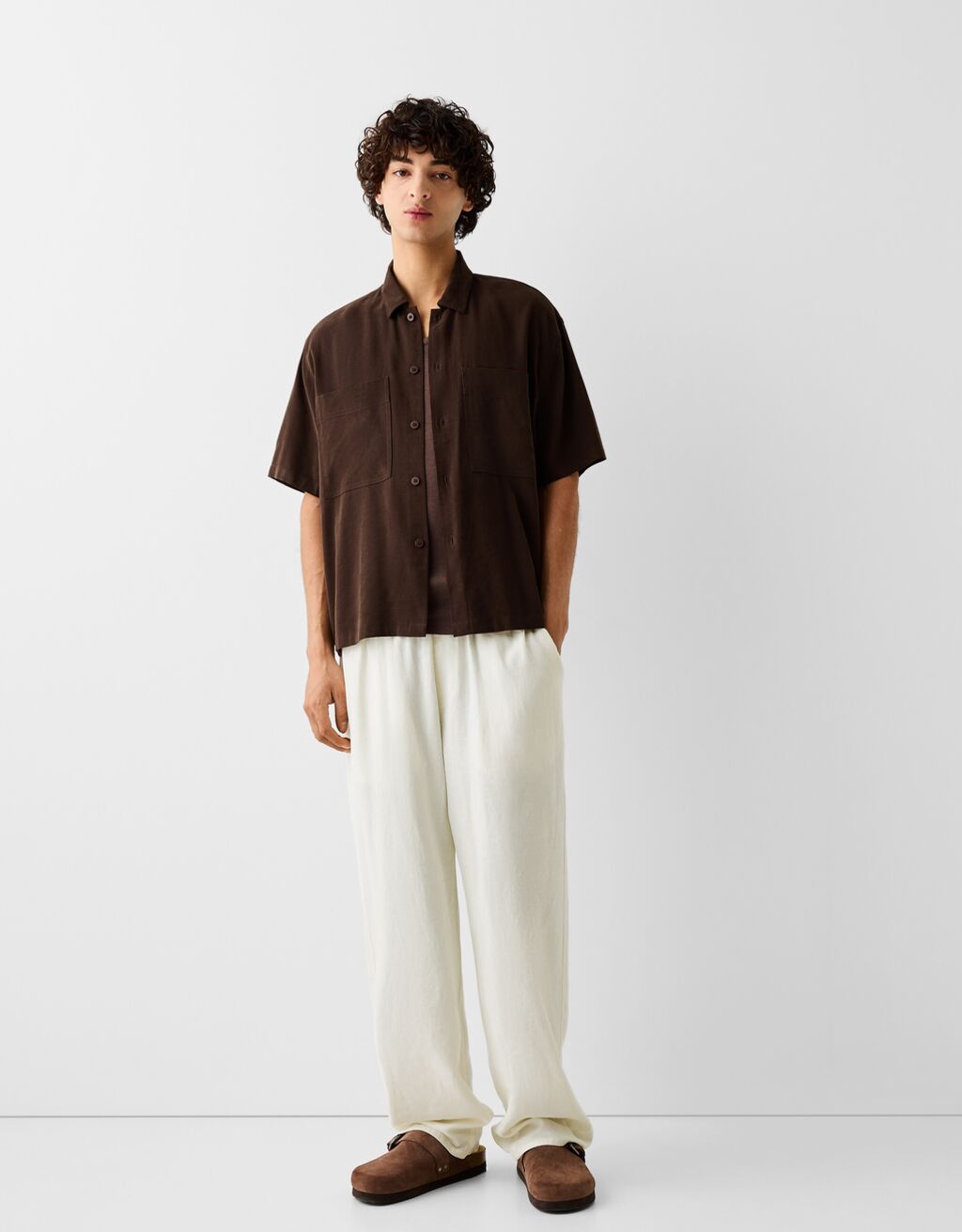 Pantalón jogger wide con lino-Blanco-0