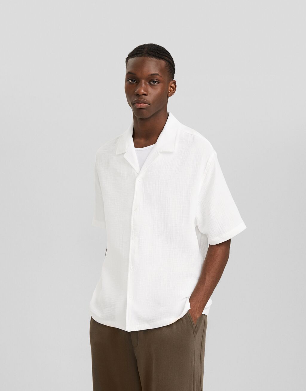 Relaxed fit short sleeve textured shirt-Off white-0