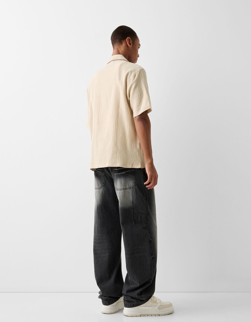 Relaxed fit short sleeve textured shirt-Sand-1