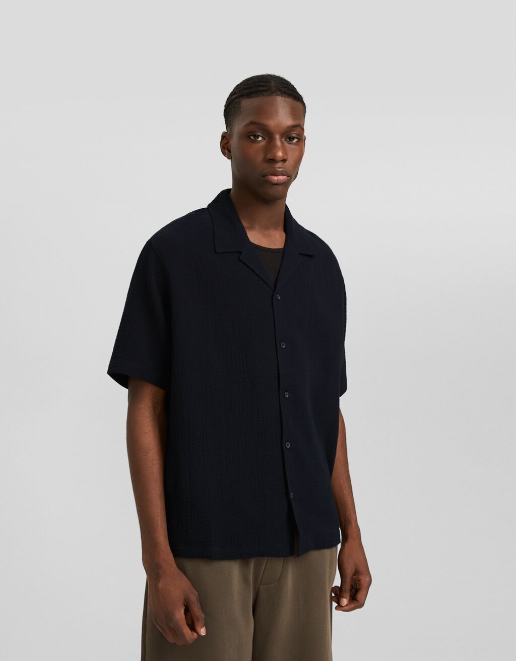 Relaxed fit short sleeve textured shirt-Black-0