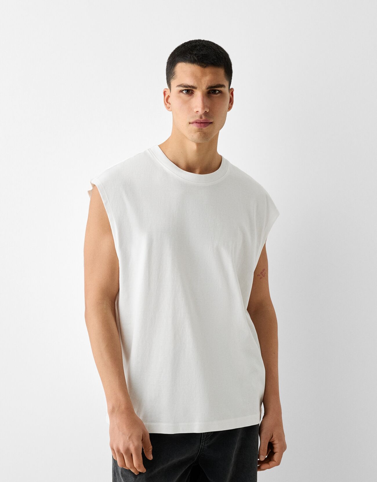 Bershka Maglietta Senza Maniche Oversize Uomo L Bianco Roto