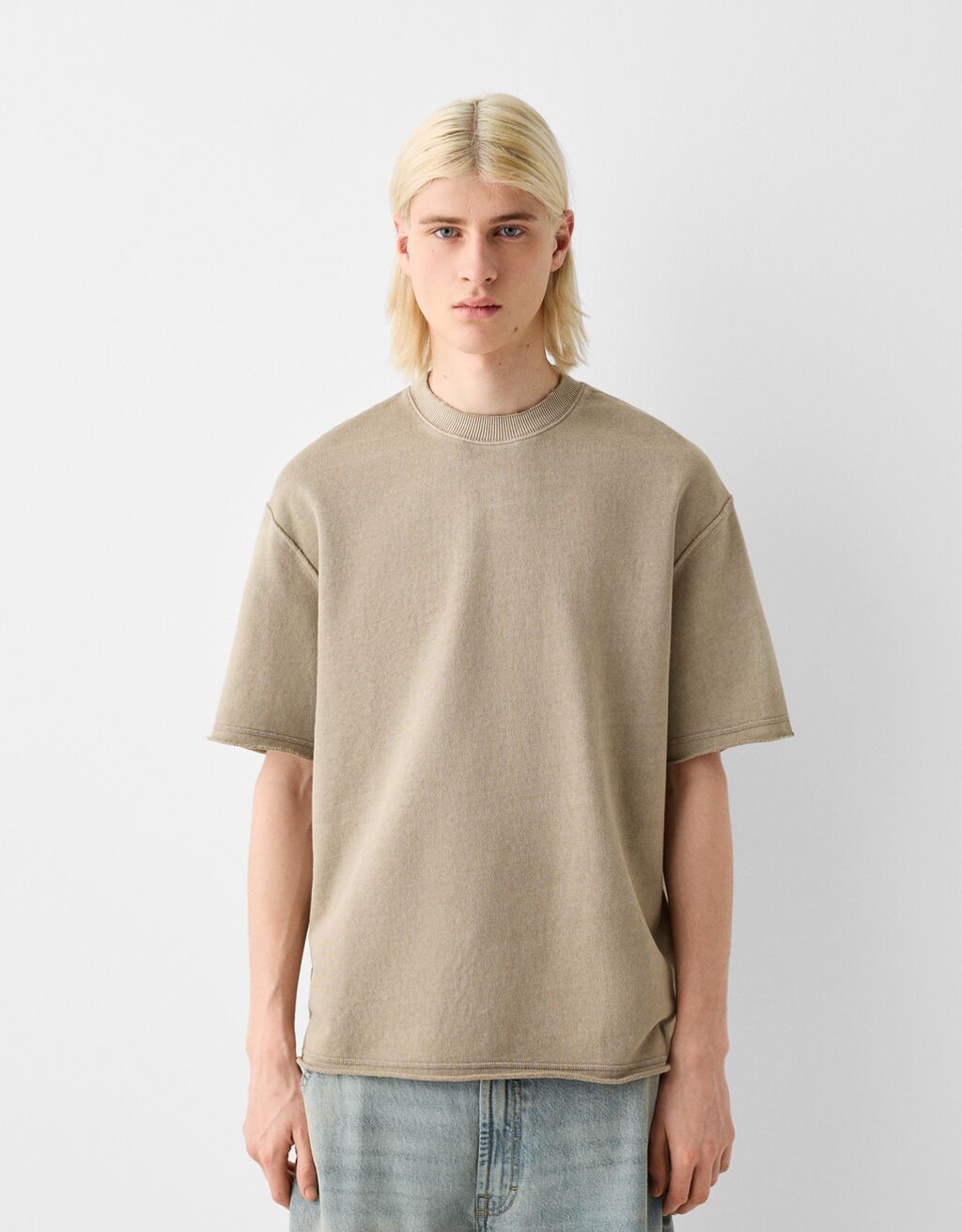 T-shirt manches courtes molleton effet délavé-Camel-0