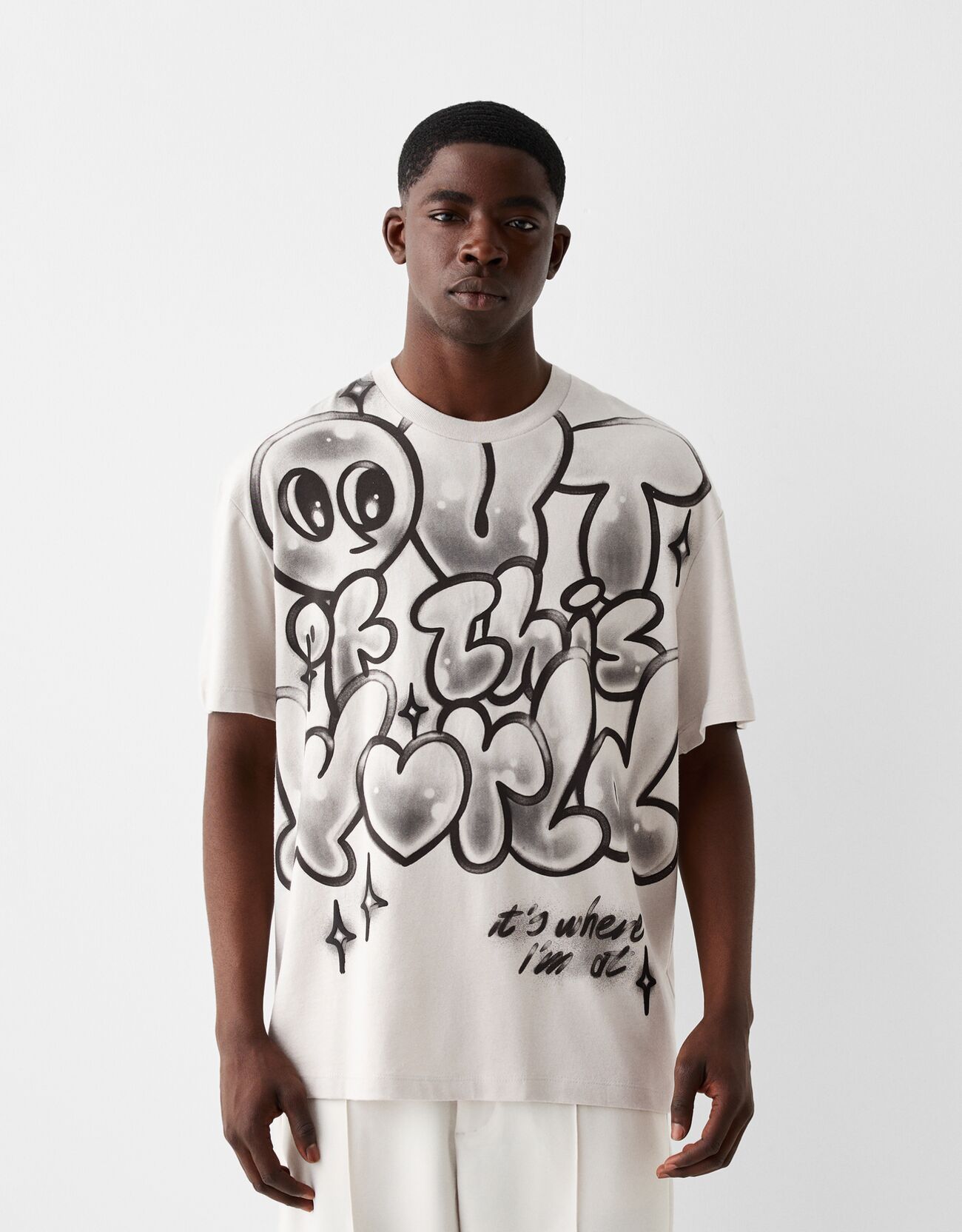 Bershka T-Shirt Mit Kurzen Ärmeln Und Graffiti-Print Herren Xs Grau