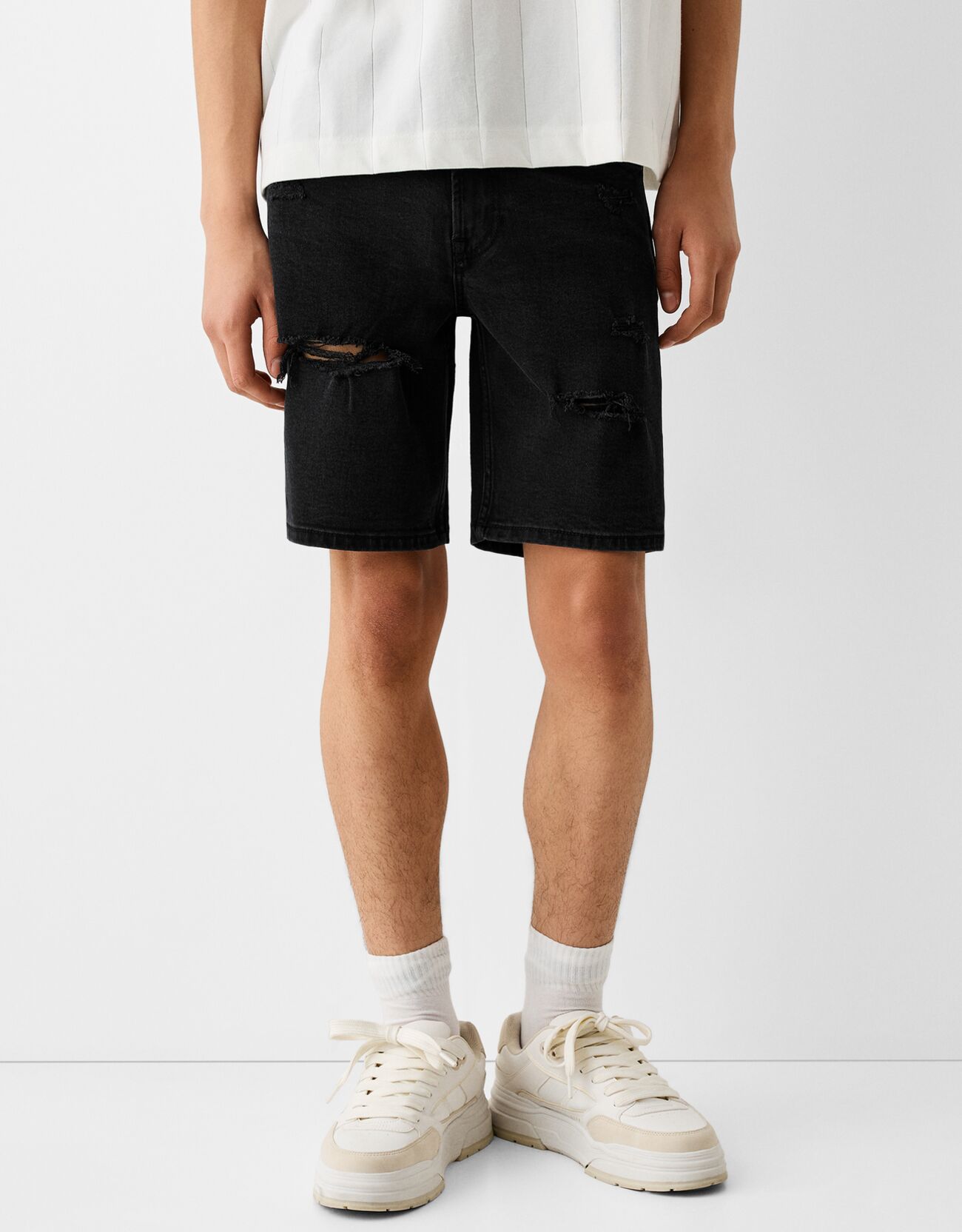 Bershka Jeans-Bermudashorts Mit Rissen Herren 44 Schwarz