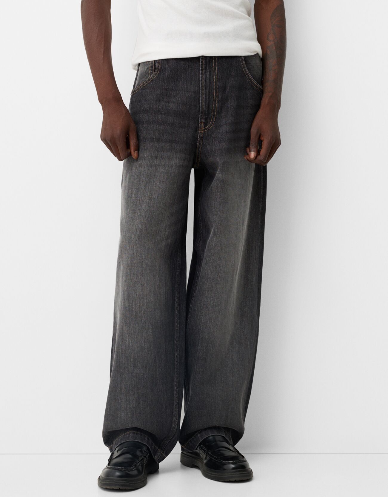 Bershka Jeans Super Baggy Hombre 38 Gris Oscuro