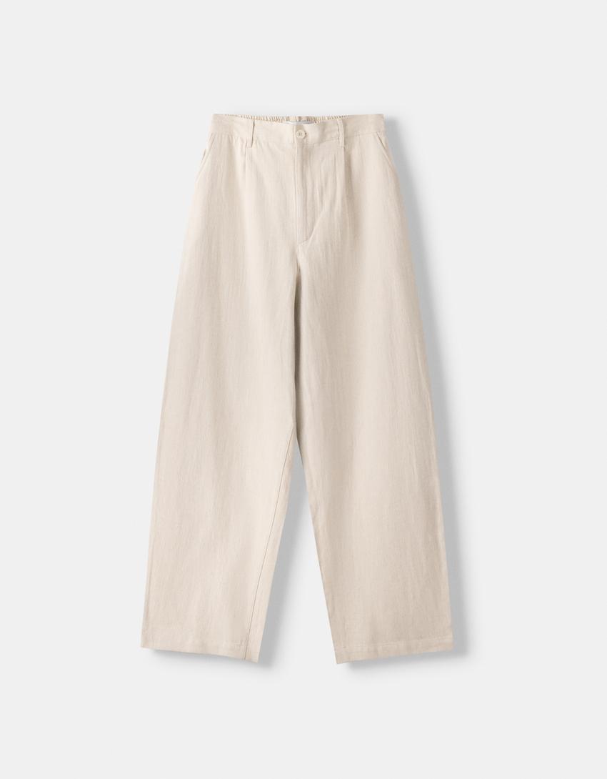 Calças tailored fit baggy algodão blend-Bege-4