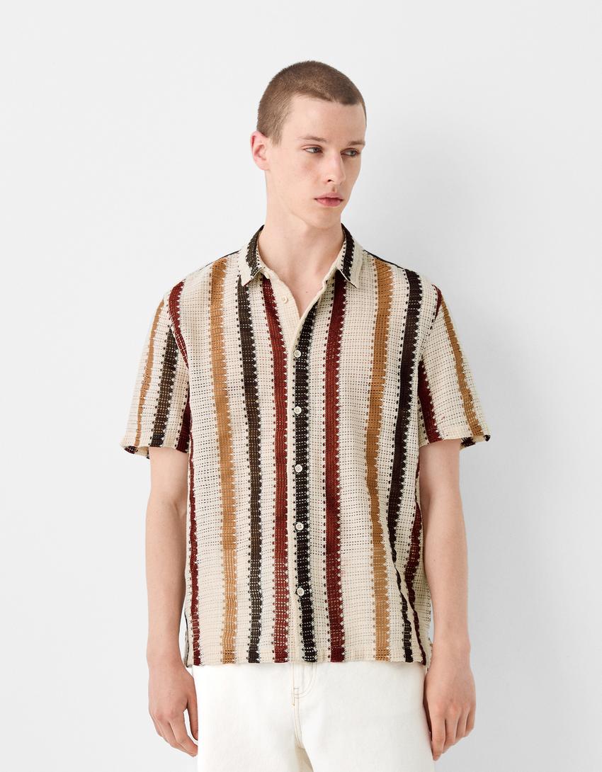 قميص كروشيه مخطط بأكمام قصيرة-كريمي-0