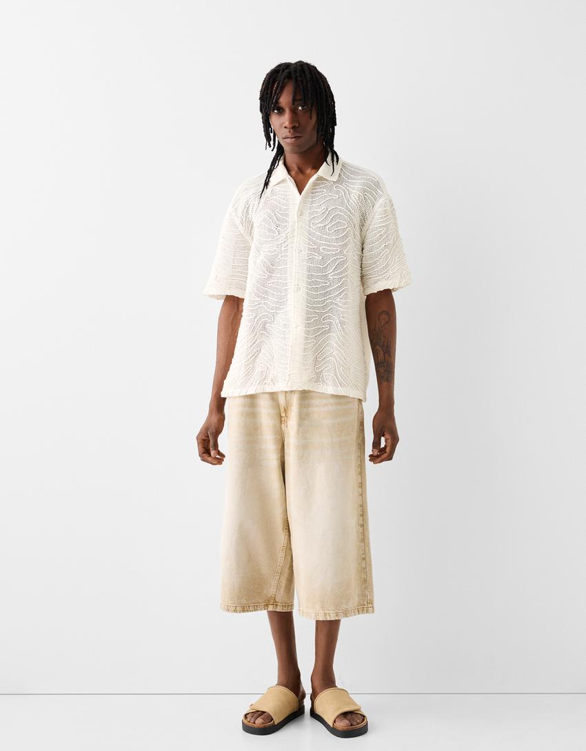 Camisa de manga curta com bordado-Cru-3