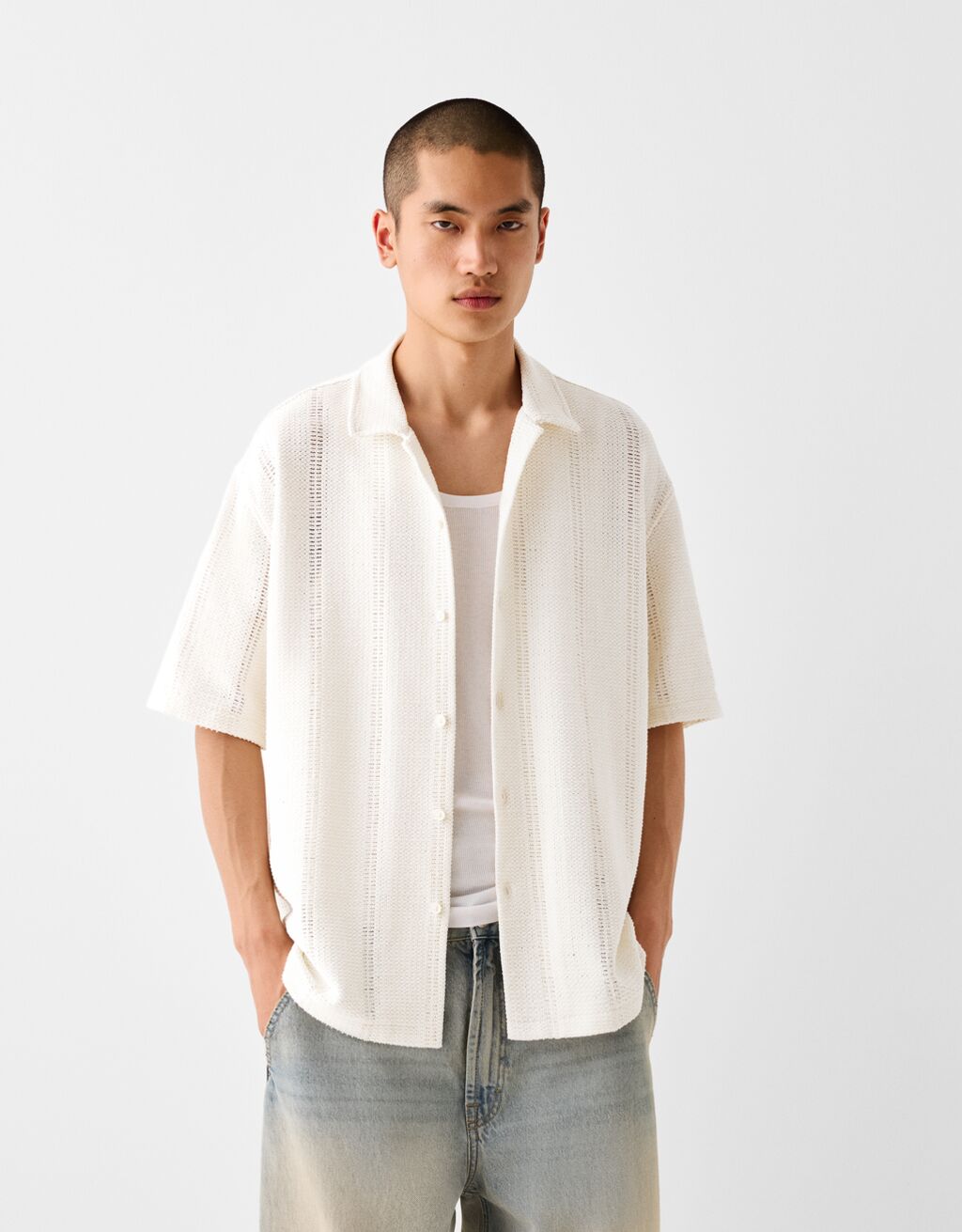 Camisa manga corta rústica calados-Blanco-0